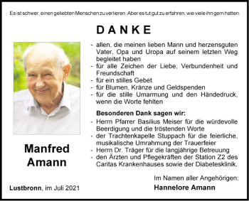 Traueranzeige von Arthur Amann von Fränkische Nachrichten