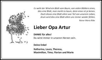 Traueranzeige von Artur  von Fränkische Nachrichten