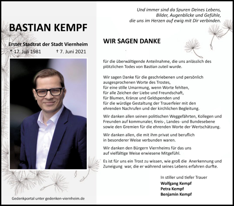  Traueranzeige für Bastian Kempf vom 17.07.2021 aus Mannheimer Morgen