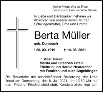 Traueranzeige von Berta Müller von Mannheimer Morgen