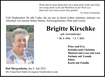 Traueranzeige von Brigitte Kirschke von Fränkische Nachrichten