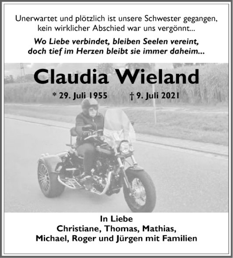 Traueranzeige für Claudia Wieland vom 17.07.2021 aus Mannheimer Morgen