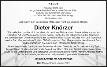 Traueranzeige von Dieter Knörzer von Fränkische Nachrichten