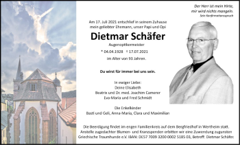 Traueranzeige von Dietmar Schäfer von Fränkische Nachrichten