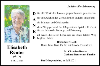 Traueranzeige von Elisabeth Reuter von Fränkische Nachrichten