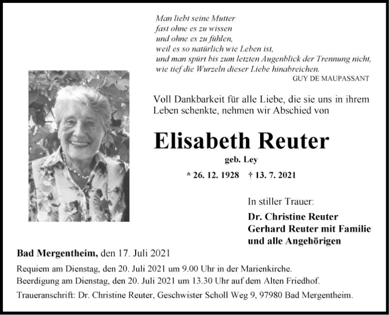  Traueranzeige für Elisabeth Reuter vom 17.07.2021 aus Fränkische Nachrichten