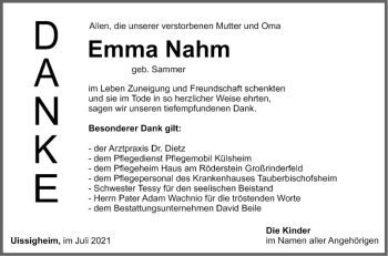 Traueranzeige von Emma Nahm von Fränkische Nachrichten