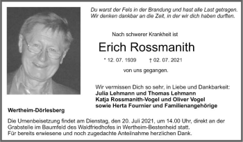 Traueranzeige von Erich Rossmanith von Fränkische Nachrichten