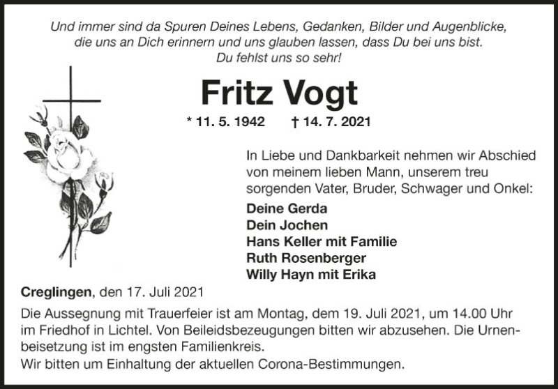  Traueranzeige für Fritz Vogt vom 17.07.2021 aus Fränkische Nachrichten