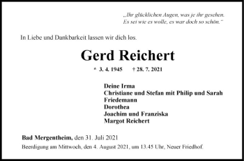 Traueranzeige von Gerd Reichert von Fränkische Nachrichten