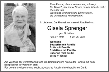 Traueranzeige von Gisela Sprenger von Fränkische Nachrichten