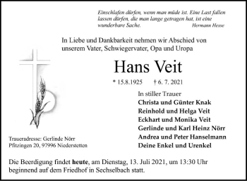 Traueranzeige von Hans Veit von Fränkische Nachrichten