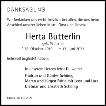 Traueranzeige von Herta Butterlin von Fränkische Nachrichten