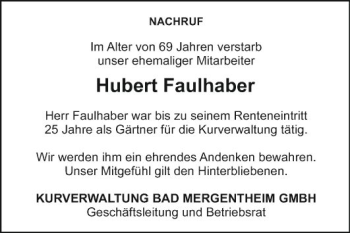 Traueranzeige von Hubert Faulhaber von Fränkische Nachrichten