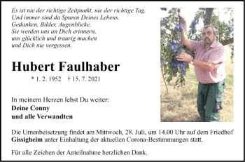 Traueranzeige von Hubert Faulhaber von Fränkische Nachrichten