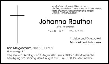 Traueranzeige von Johanna Reuther von Fränkische Nachrichten