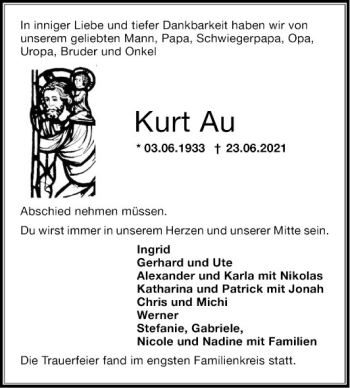 Traueranzeige von Kurt Au von Mannheimer Morgen