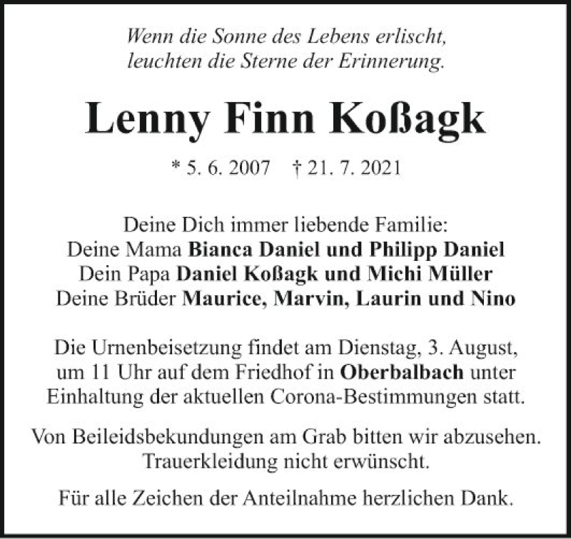  Traueranzeige für Lenny Finn Koßagk vom 28.07.2021 aus Fränkische Nachrichten