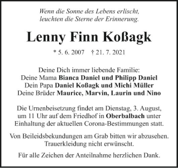 Traueranzeige von Lenny Finn Koßagk von Fränkische Nachrichten