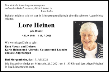 Traueranzeige von Lore Heinen von Fränkische Nachrichten