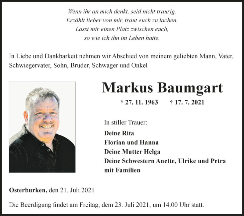  Traueranzeige für Markus Baumgart vom 21.07.2021 aus Fränkische Nachrichten