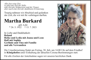 Traueranzeige von Martha Burkard von Fränkische Nachrichten