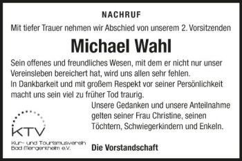 Traueranzeige von Michael Wahl von Fränkische Nachrichten