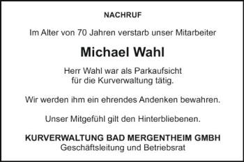 Traueranzeige von Michael Wahl von Fränkische Nachrichten