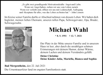 Traueranzeige von Michael Wahl von Fränkische Nachrichten