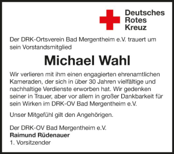 Traueranzeige von Michael Wahl von Fränkische Nachrichten