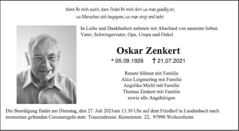  Traueranzeige für Oskar Zenkert vom 24.07.2021 aus Fränkische Nachrichten