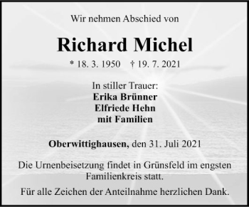 Traueranzeige von Richard Michel von Fränkische Nachrichten