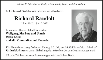 Traueranzeige von Richard Randolt von Fränkische Nachrichten
