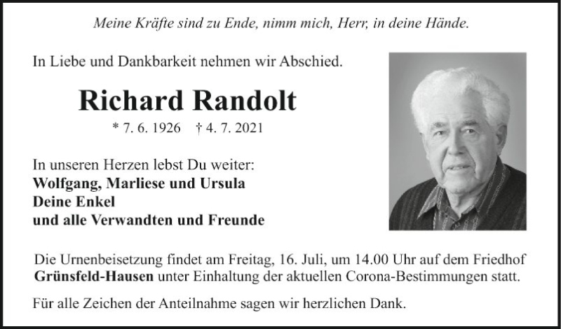  Traueranzeige für Richard Randolt vom 10.07.2021 aus Fränkische Nachrichten