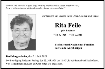 Traueranzeige von Rita Feile von Fränkische Nachrichten