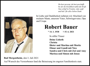 Traueranzeige von Robert Bauer von Fränkische Nachrichten