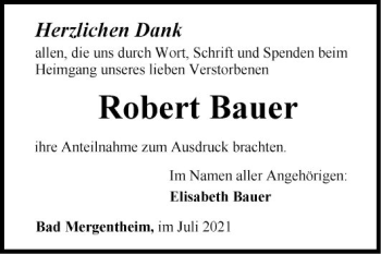 Traueranzeige von Robert Bauer von Fränkische Nachrichten