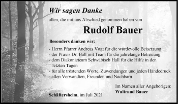 Traueranzeige von Rudolf Bauer von Fränkische Nachrichten