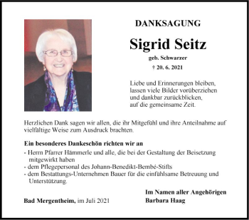 Traueranzeige von Sigrid Seitz von Fränkische Nachrichten