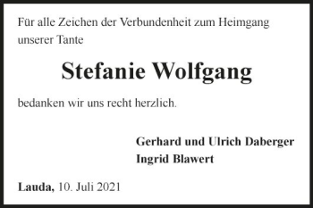 Traueranzeige von Stefanie Wolfgang von Fränkische Nachrichten