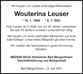 Traueranzeige von Wouterina Leuser von Fränkische Nachrichten