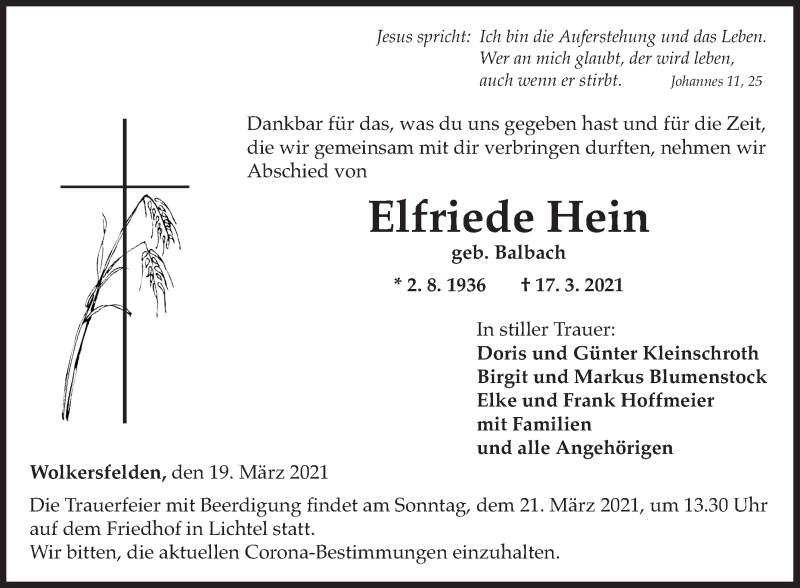  Traueranzeige für Elfriede Hein vom 19.03.2021 aus 