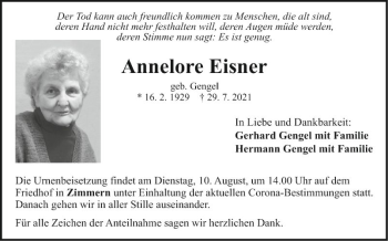 Traueranzeige von Annelore Eisner von Fränkische Nachrichten