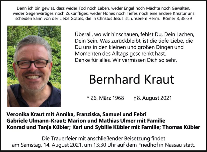  Traueranzeige für Bernhard Kraut vom 12.08.2021 aus Fränkische Nachrichten