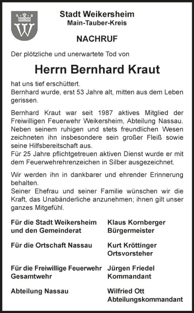  Traueranzeige für Bernhard Kraut vom 13.08.2021 aus Fränkische Nachrichten