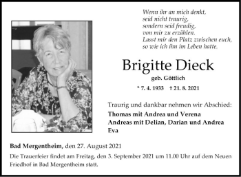 Traueranzeige von Brigitte Dieck von Fränkische Nachrichten