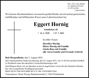 Traueranzeige von Eggert Hornig von Fränkische Nachrichten