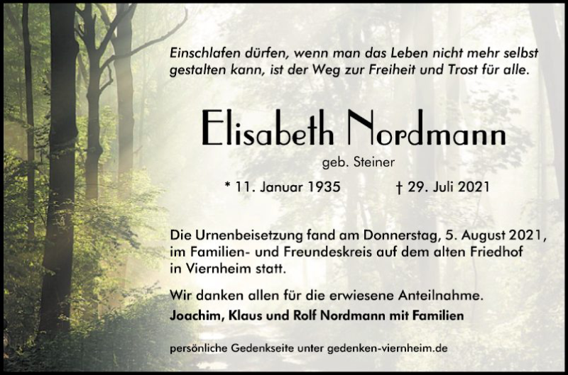  Traueranzeige für Elisabeth Nordmann vom 14.08.2021 aus Südhessen Morgen