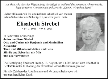 Traueranzeige von Elisabeth Strebel von Fränkische Nachrichten