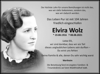 Traueranzeige von Elvira Wolz von Fränkische Nachrichten